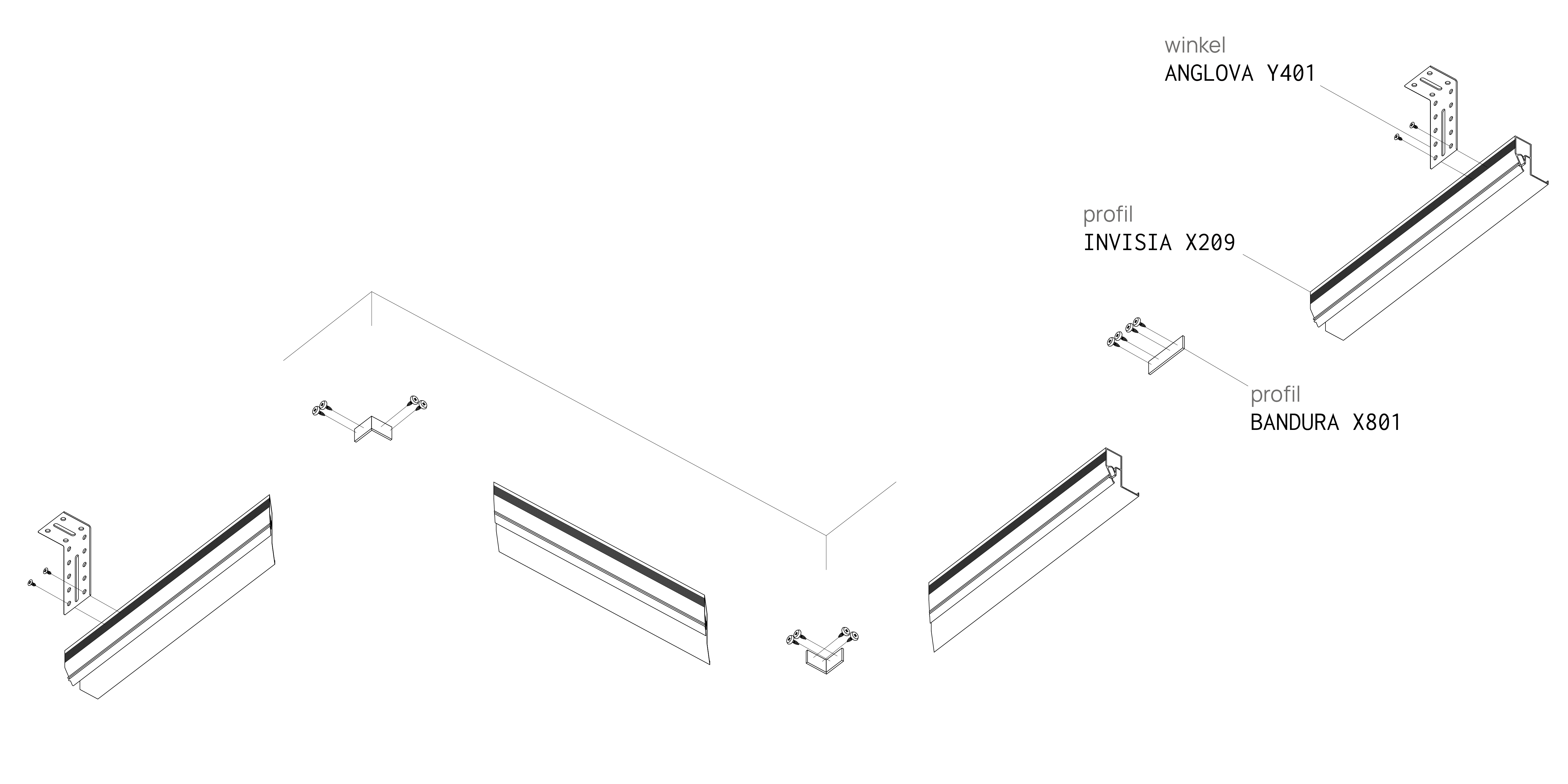 Montageschema mit Winkeln ANGLOVA Y401 und Verbindungsprofil BANDURA X801 für das Treppen- und Dachfensterprofil, INVISIA X209