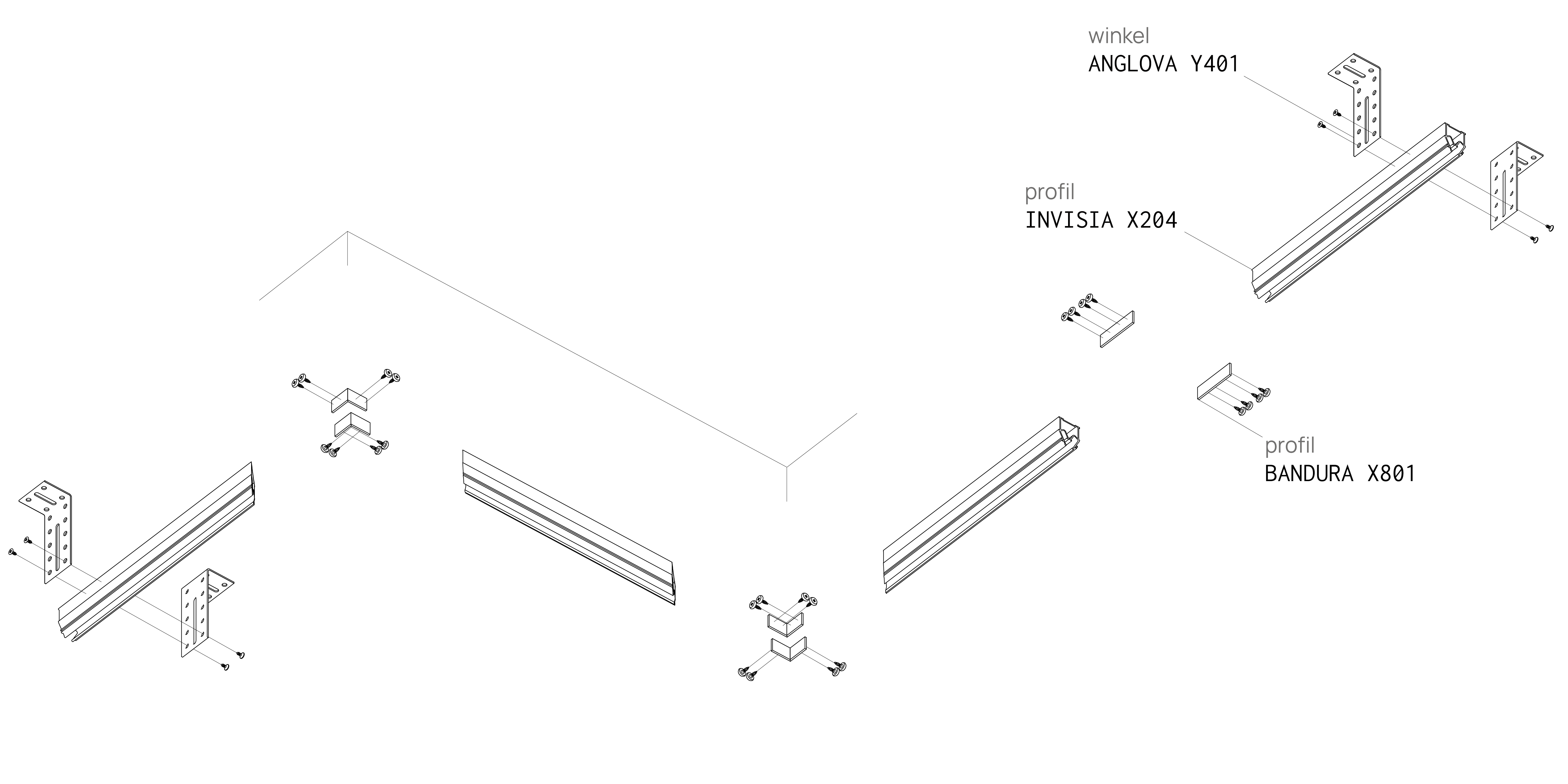 Spanndecke in Felder teilen, Trennprofil an Winkeln ANGLOVA Y401 abhängen und mit BANDURA X801 stoßen, INVISIA X204