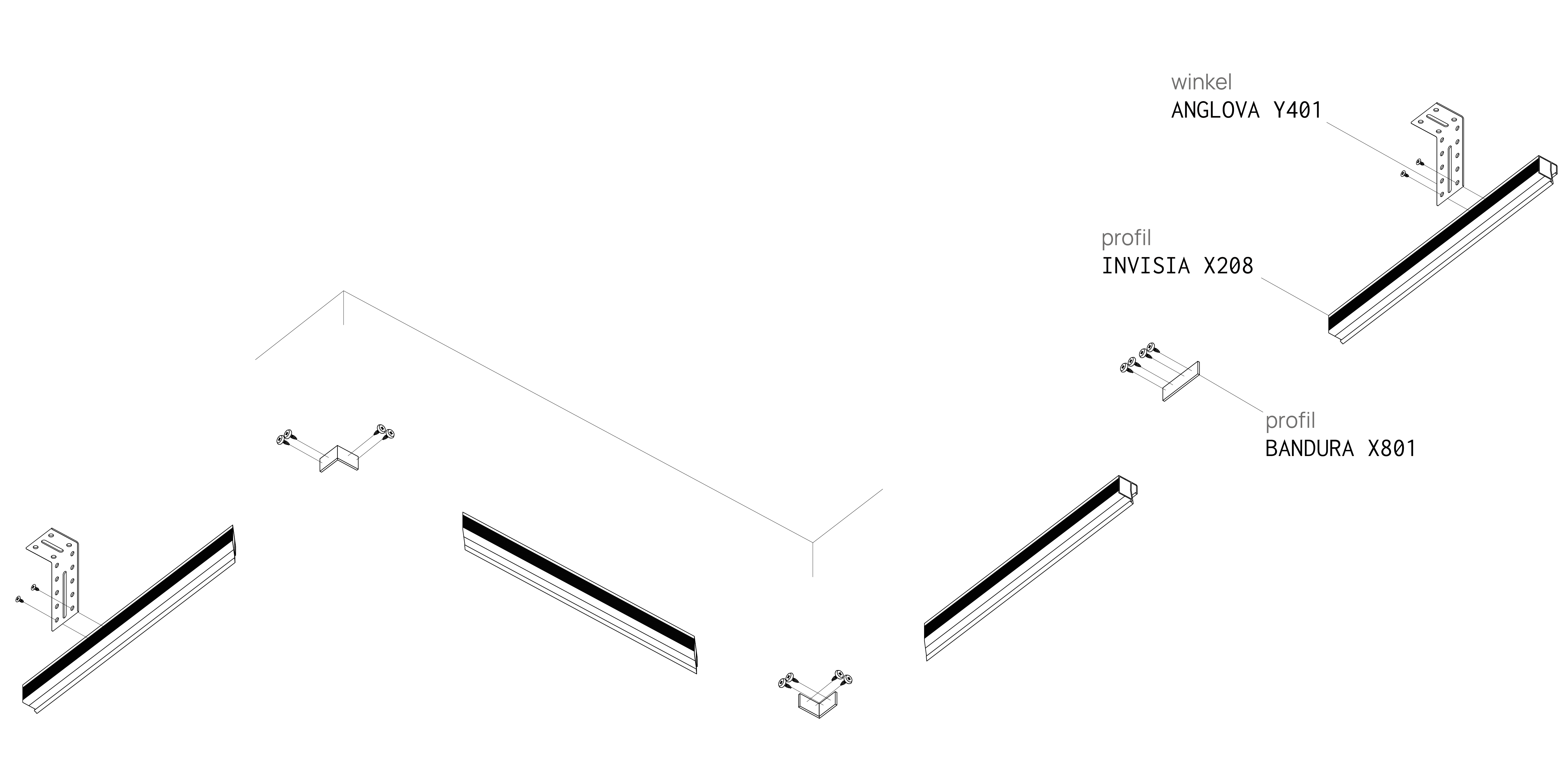 5-mm-Schattenfuge ohne Wandbefestigung, Deckenprofil an Winkeln ANGLOVA Y401 montieren, INVISIA X208